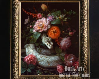 May include: A framed painting of a still life featuring a white snake coiled around a bouquet of pink, red, and orange flowers. The flowers are arranged in a vase and the snake is resting on a dark background. The painting is framed in a gold frame with ornate details.