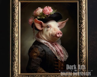 Victorian Pig Portrait Print: Aristocrat Lady Hog in Top Hat (Digital Download)