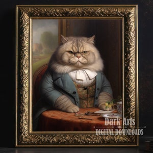 May include: A painting of a fluffy, gray cat wearing a blue jacket and a patterned vest. The cat is sitting at a table with a cup and saucer, and a few spoons. The painting is framed in a gold frame.