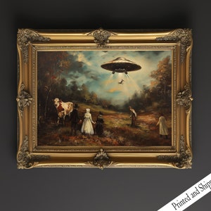 Lámina artística de abducción OVNI: paisaje victoriano, decoración de pared ecléctica