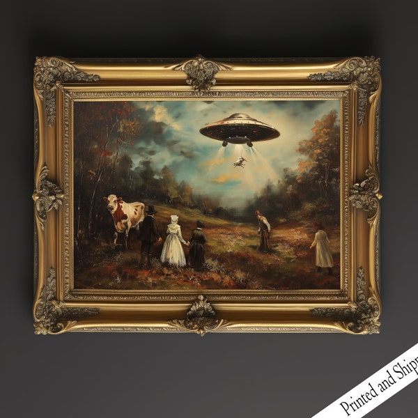 UFO Wall Art, Victorian Landscape, Funny Altered Art Print, Eclectic Print, Alien Abduction, Wall Decor