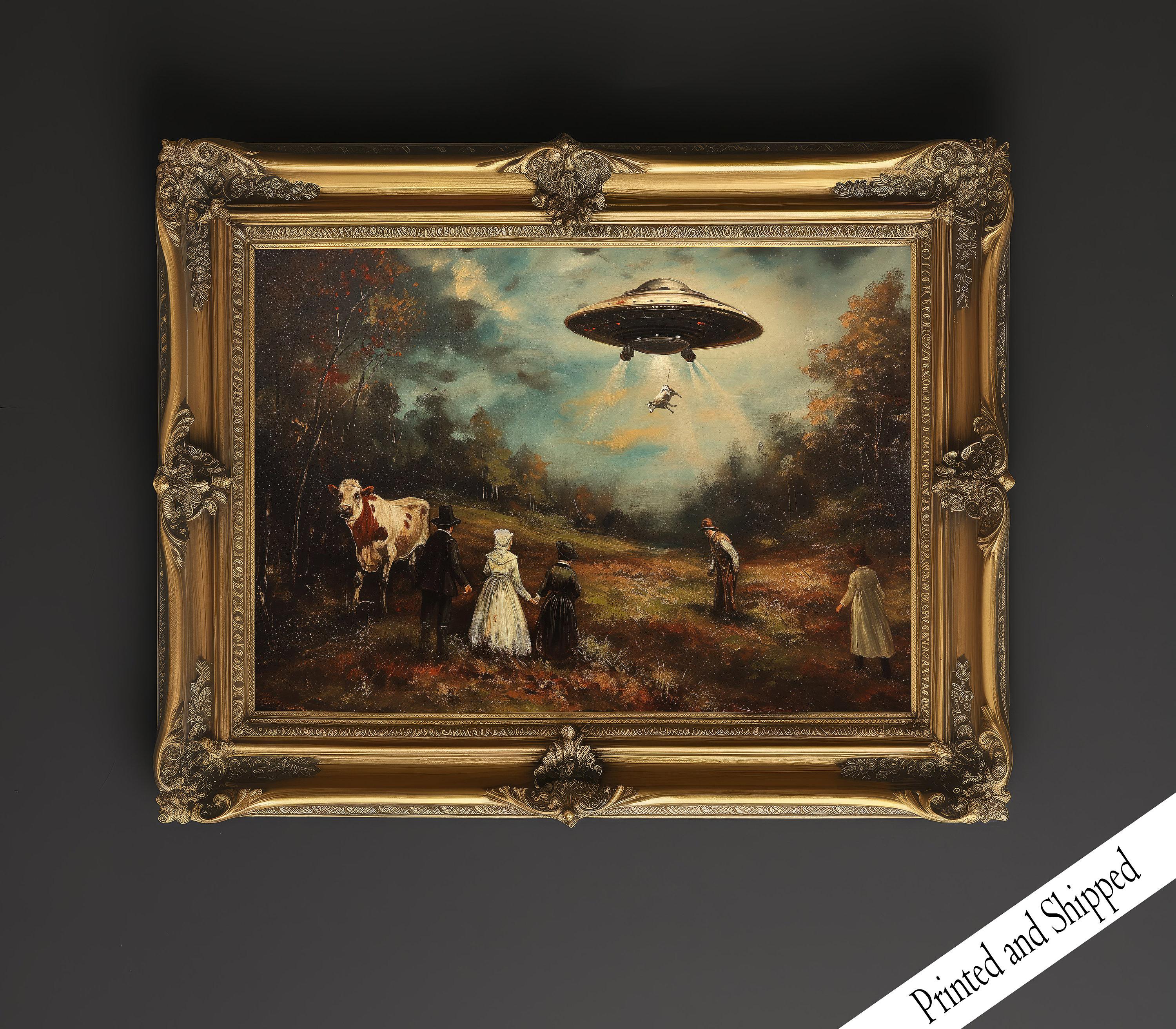 UFO Wall Art, Victorian Landscape, Funny Altered Art Print, Eclectic Print, Alien Abduction, Wall Decor