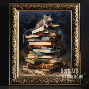 Book stack Poster, Rat, stacked books art, goth decor, book lover, Wiccan art, Digital download