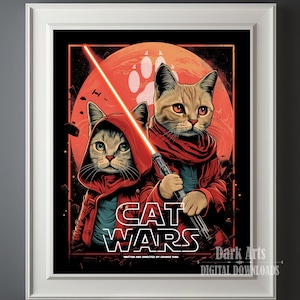 Cat Wars Funny Poster for movie lover, Funny cats and laser swords, Wall decor pardody print, Digital Download