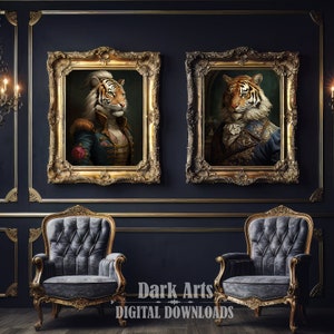 Set of 2 Tiger Vintage Renaissance Animal Portrait Oil Painting, Baroque Animal Art, Victorian Animal Wall Art Print, Gothic