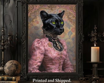 Renaissance Black Panther Print, Victorian Rococo Animal Portrait