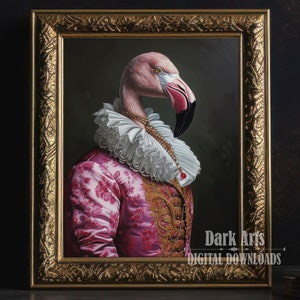 Pink Flamingo Renaissance Portrait, Victorian animal portrait, Rococo Pastel Wall decoration, Digital Download