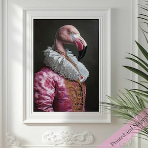 Pink Flamingo Renaissance Portrait, Victorian animal portrait, Rococo Pastel Wall decoration, Victorian Flamingo