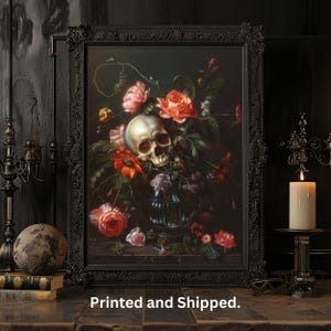 Floral Skull Gothic Art, Victorian Dark Decor, Dark Botanical Skull Print, Gothic Floral Aesthetic, Bouquet Skull Art, Home Decor