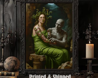 Impresión artística de tatuaje de Medusa: decoración surrealista de mitología griega gótica