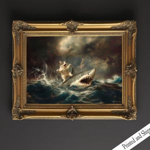 Cat Riding a Shark Wall Art, Victorian painting, Funny Altered Art Print, Eclectic Print, Slay Print, Bathroom Wall Decor