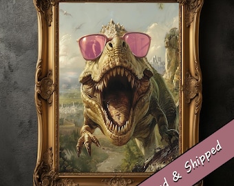 Funny T-Rex Dinosaur Art Print, Pink Sunglasses, Kids Room