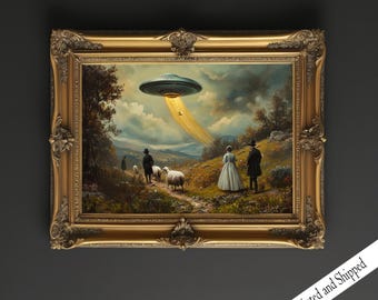 UFO Sheep Abduction Art Print, Funny Altered Vintage Painting