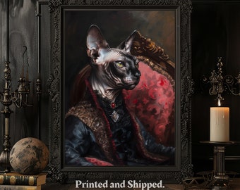 Cat Print, Gothic Sphynx Cat Painting, Dark Academia, Anthropomorphic Animal, Cat Gifts, Cat Art, Home Decor, Witchy Decor