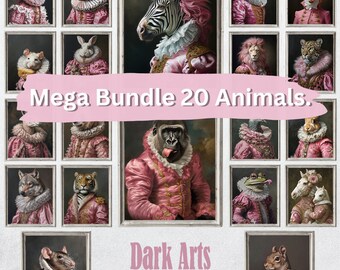 20 Pink Rococo Animal Portrait Prints, Renaissance Altered Art (Digital Download)