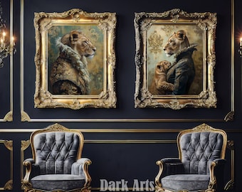 Victorian Lion Family Portrait Art Prints: Baroque Animal Oil Painting (Digital Download)