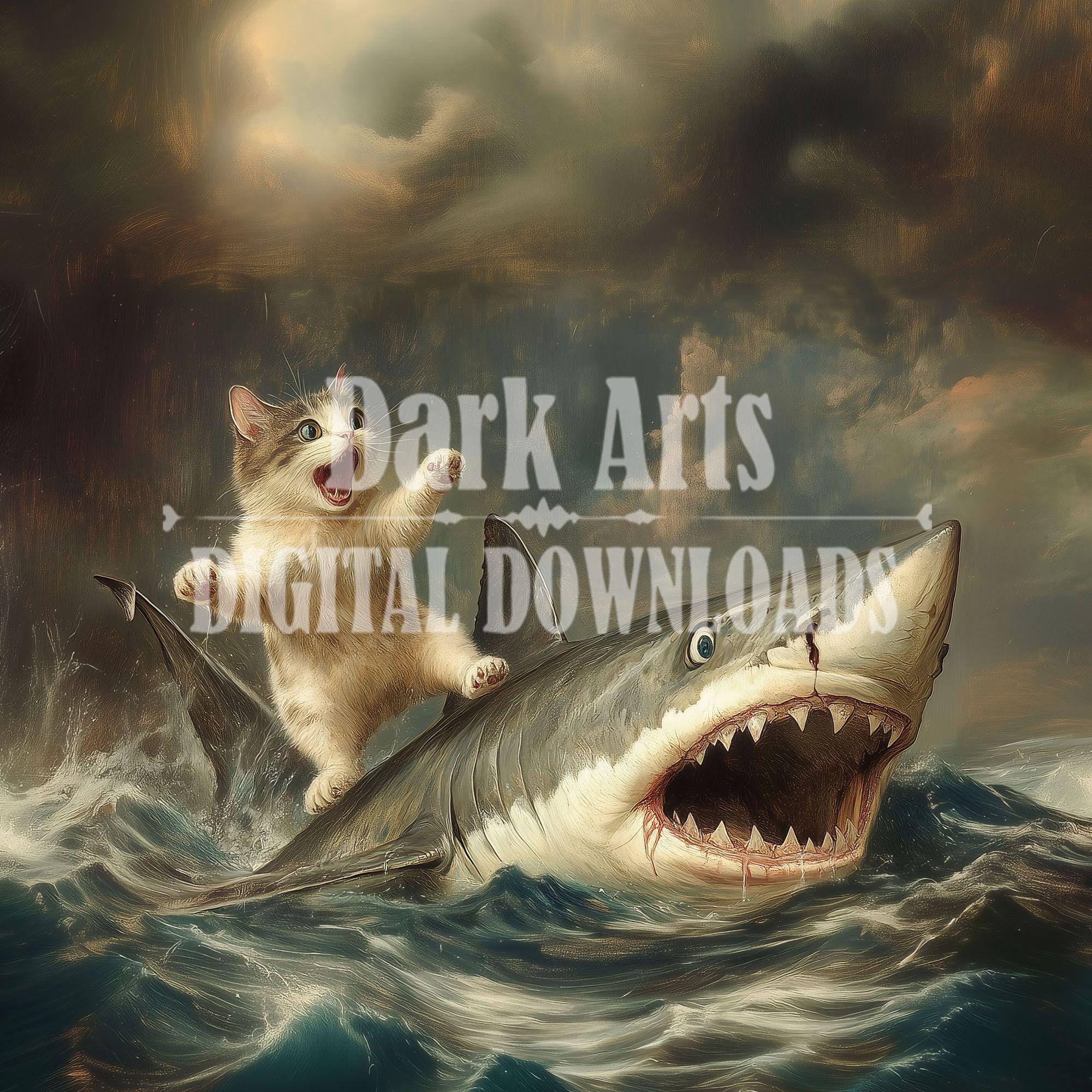 Cat Riding Shark Victorian Art Print: Funny Eclectic Wall Decor ...