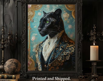 Renaissance Schwarzer Panther, Viktorianischer Dandy, Tierportrait, Wohnkultur, Rokoko Wandkunst, Tiermalerei