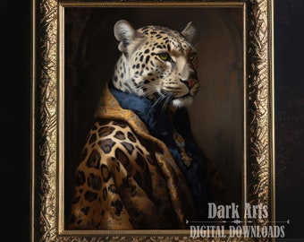 May include: A digital painting of a leopard wearing a gold and blue robe, set against a dark background. The leopard has green eyes and is looking to the right. The painting is framed in a gold ornate frame.