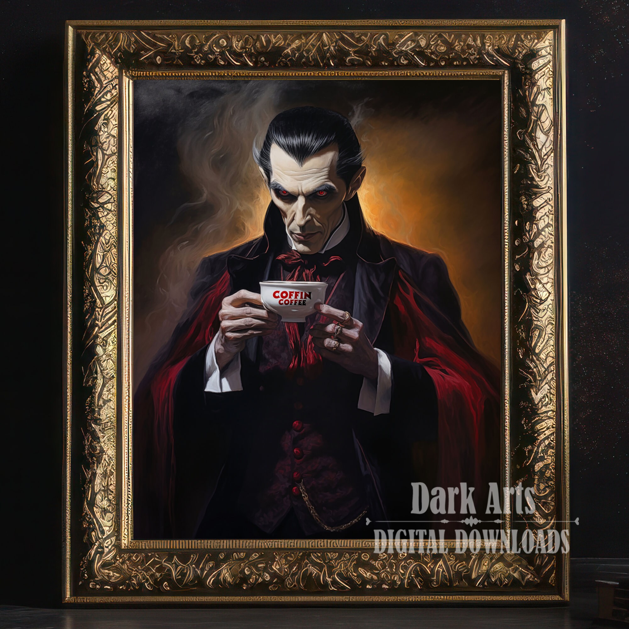 Dracula altered art print, Gothic wall decor, vampire home decor, coffin Coffee parody, dark, occult, Instant Download