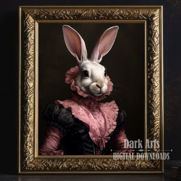 Cartel vintage de Lady Rabbit, impresión de póster de arte, conejo blanco, decoración del hogar, descarga digital, conejito victoriano