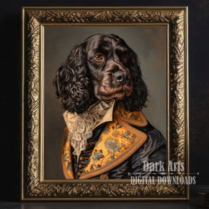 May include: A black and brown dog wearing a gold and black jacket with a white lace collar. The dog is in a framed portrait with a gold ornate frame.