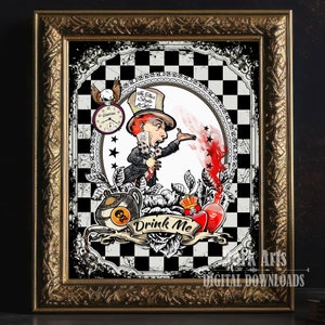 Mad Hatter Alice in Wonderland, Art Poster Print, Drink Me Quote, Home Decor, Digital Download