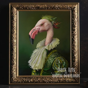 Renaissance Flamingo, Victorian Printable Art, Animal Portrait, Green collection, Home Decor, Rococo wall art, Digital Download, Art Print