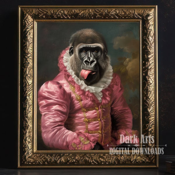 Renaissance Pink Gorilla, Victorian Dandy Printable Art, Animal Portrait, Home Decor, Rococo wall art, Digital Download, Art Print
