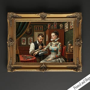 Victoriaanse tatoeëerderkunstafdruk: gotische scène tattooshop