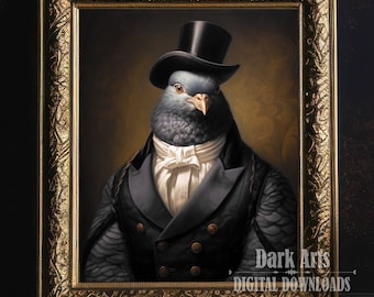 May include: A digital painting of a pigeon wearing a black top hat and a white cravat, with a dark gray suit jacket. The pigeon is set against a gold background and framed in a gold ornate frame. The text "Dark Arts Digital Downloads" is at the bottom of the image.