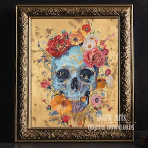 Floral Skull Art Print, Botanical Skull Illustration, Gothic Wall Art, Nature-Inspired Decor, Digital Download, Dark Academia Aesthetic