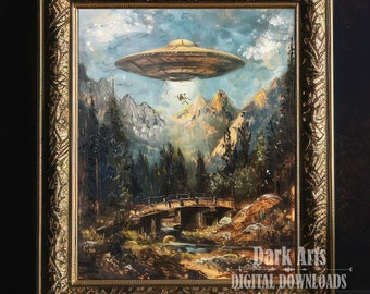 May include: A painting of a forest scene with a bridge over a stream. A flying saucer hovers above the trees and mountains in the background. The painting is framed in a gold frame.