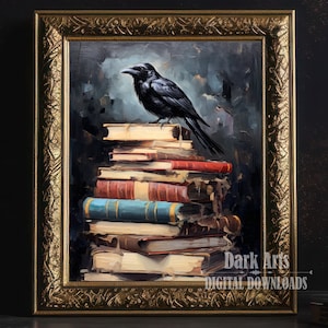 Edgar Allan book stack Poster, The Raven, stacked books art, goth decor, book lover, Wiccan art, Digital download
