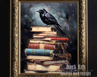Edgar Allan Poe "The Raven" Poster: Gothic Book Stack Art (Digital Download)