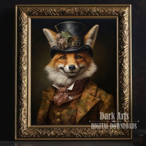 Fox art print, Gothic Printable Art, Gentleman with Top hat, Home Decor, Digital Download, Art Print