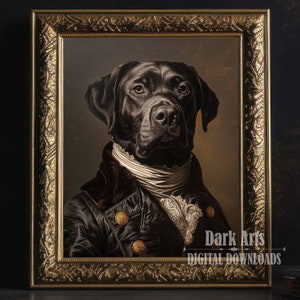 Op de afbeelding: Een ingelijst portret van een zwarte Labrador Retriever, gekleed in een zwarte jas met gouden knopen en een witte cravat. Het kunstwerk is geplaatst in een sierlijke gouden lijst, met de tekst "Dark Arts DIGITAL DOWNLOADS" onderaan.