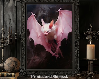 Gothic Flying Bat Vintage Poster, Art Poster Print, Pink Bat, Home Decor, Victorian Vampire, Witchy Decor