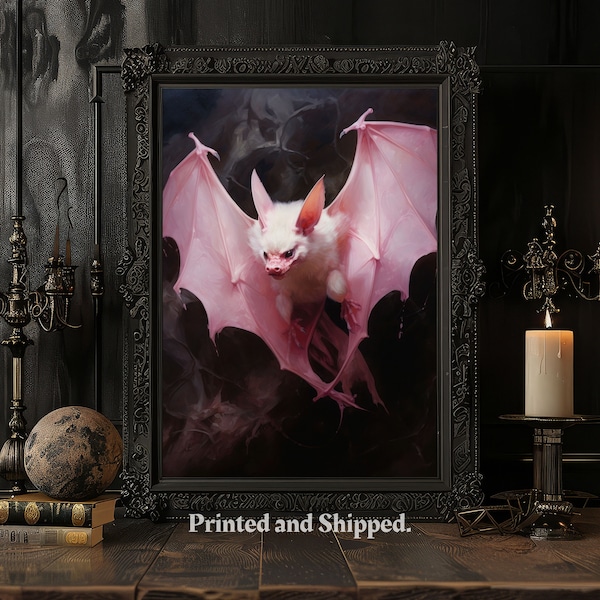 Gothic Flying Bat Vintage Poster, Art Poster Print, Pink Bat, Home Decor, Victorian Vampire, Witchy Decor