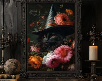 黒猫魔女アートプリント、ゴシックホームデコレーション