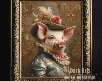 May include: A painting of a pig wearing a blue and gold hat with a pink rose and a feather. The pig is wearing a blue and green patterned jacket with a lace collar and a pink bow. The background is a gold and brown patterned wallpaper.