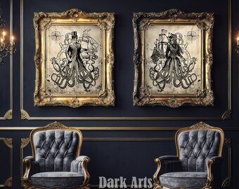 Octopus Gent and Lady Nautical Prints: Gothic Bathroom Decor (Digital Download)