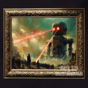 Arte de pared imprimible de robot, paisaje victoriano, impresión artística divertida y alterada, impresión ecléctica, fin del mundo, descarga digital