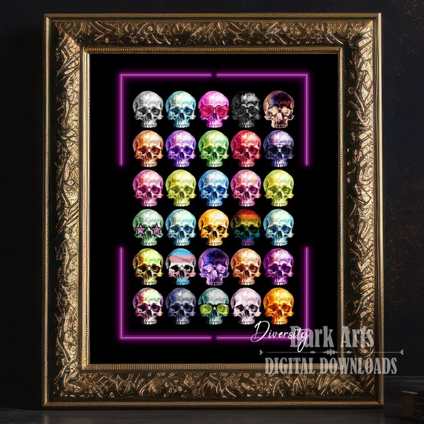 Diverse Skulls Digital Print - Vibrant and Unique Wall Art to celebrate individuality, Instant Download