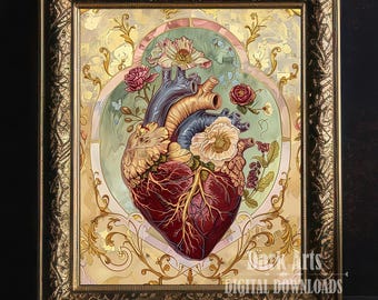 Lámina floral de corazón anatómico, decoración gótica para el hogar (descarga digital)