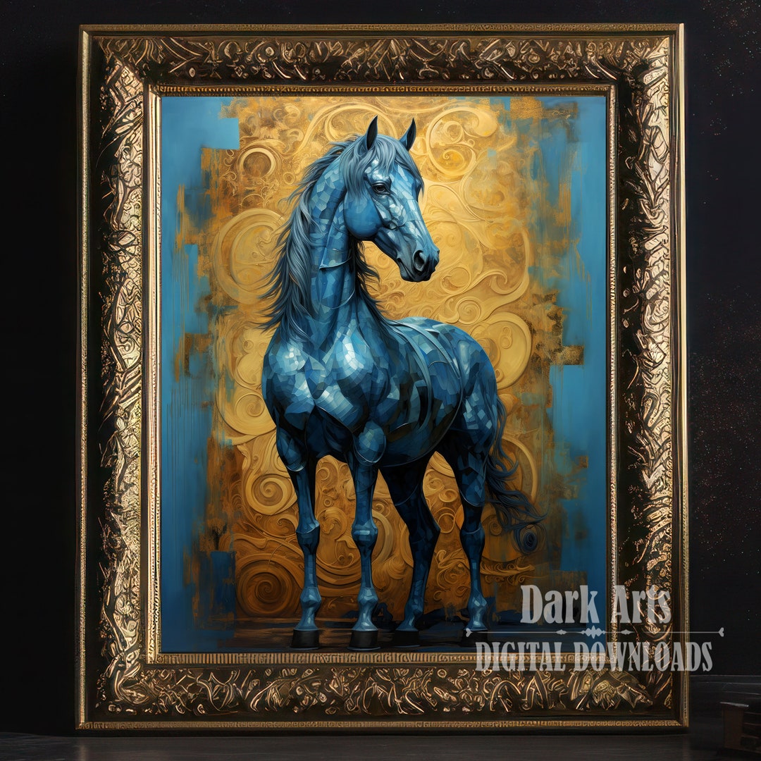 Blue Horse Wall Art Gold Print Intricate Details Oil Etsy