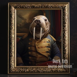 Walrus animal portrait, colonial apparel print, funny Walrus wall art, Victorian Decor, Digital Download