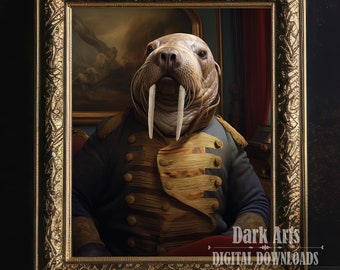 May include: A digital painting of a walrus wearing a military uniform with gold buttons and a red sash. The walrus is sitting in a chair with a dark background. The painting is framed in a gold frame with ornate details. The text "Dark Arts DIGITAL DOWNLOADS" is at the bottom of the image.