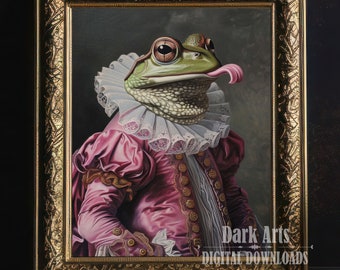 May include: A painting of a frog wearing a pink and gold ruffled shirt and a white lace collar. The frog has a green body and a long tongue sticking out. The painting is framed in a gold ornate frame.