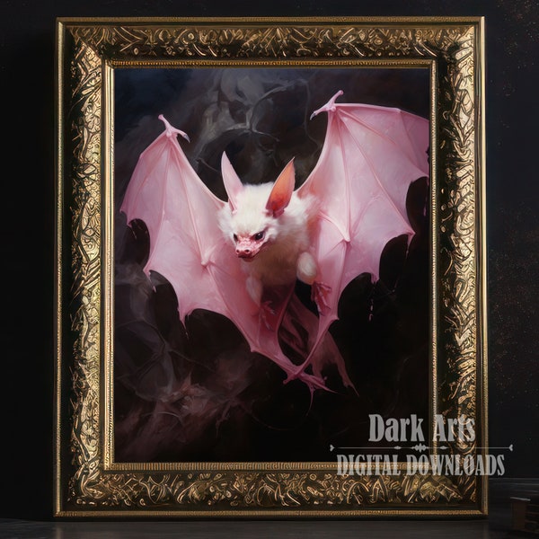 Gothic Flying Bat Vintage Poster, Art Poster Print, Pink Bat, Home Decor, Digital Download, Victorian Vampire